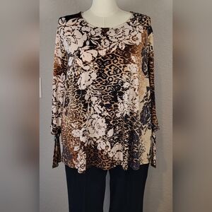 CATO Brown and Cream Leopard Floral Print Scoop Neck Top - Plus Size 18/20W